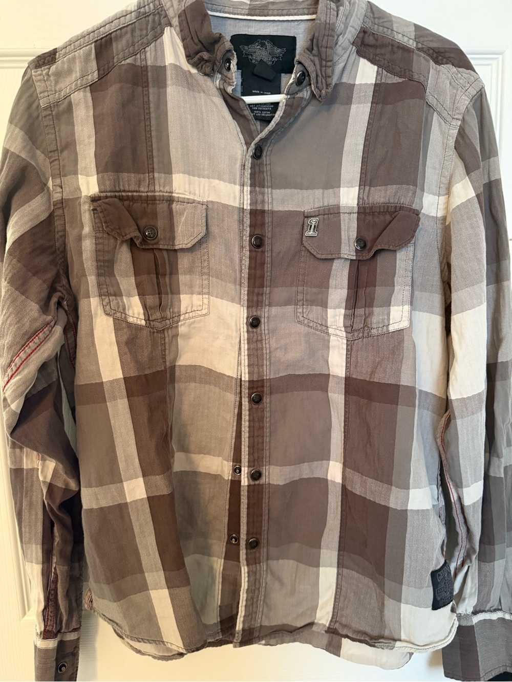 Harley-Davidson #1 Skull Gray Plaid Long Sleeve Snap Down Shirt - L